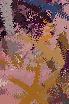 Kleurrijke abstracte botanische kunst. Varens in oker, roze, blauw, paars. van Dina Dankers