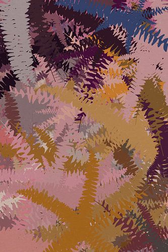 Kleurrijke abstracte botanische kunst. Varens in oker, roze, blauw, paars.