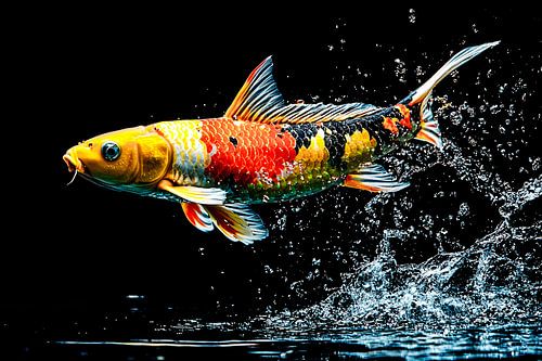 Kleurrijke koi springt uit water