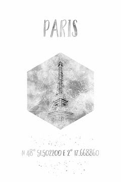 Coördinaten PARIS Eiffeltoren | Aquarel Monochroom van Melanie Viola