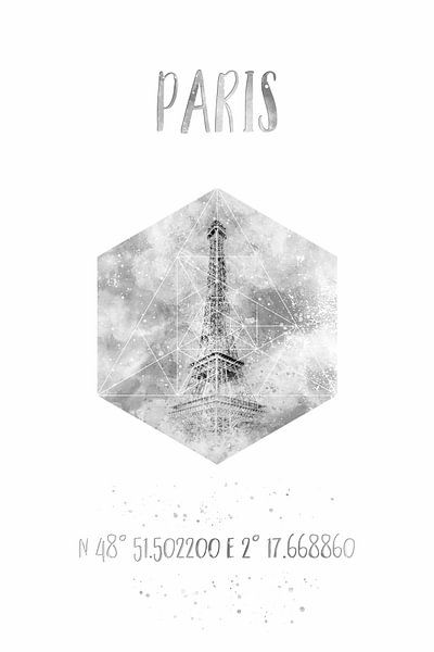 Koordinaten PARIS Eiffelturm | Aquarell Monochrom von Melanie Viola