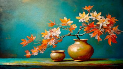 Stilleven: Japanse esdoorn in aarden vaas