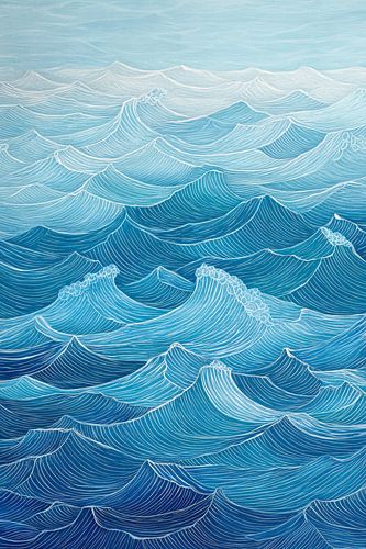 Zee van golven in zachte blauwe tinten - aquarel