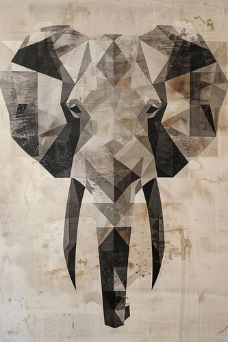 Sepia Geometrische Olifant Kunstwerk
