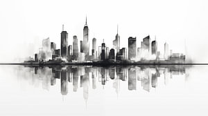 Monochrome städtische Skyline mit Reflexionen, Design im Tinten-auf-Papier-Stil