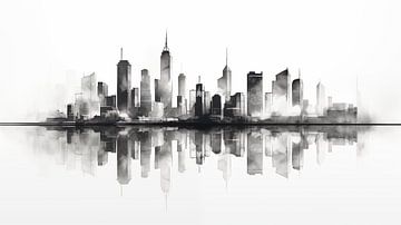 Monochrome stedelijke skyline met reflecties, ontwerp in inkt-op-papier-stijl van Animaflora PicsStock