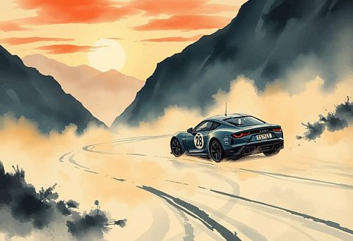 Alpine A110 - Zonsondergang over de nevelige bergen Japanse kunst