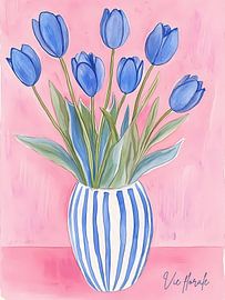 Blaue Tulpen in einer Vase, blau-rosa Blüten