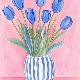 Blue Tulips in Vase, blue pink flowers by IamHome Studio