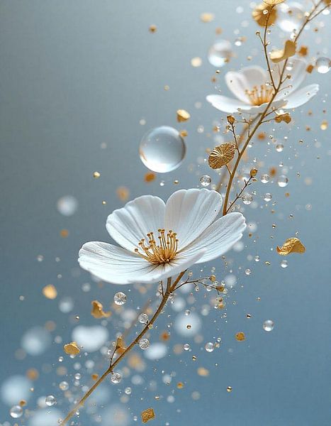 Ein verträumter weißer Blumenzweig mit Wassertropfen und Gold. von J.a Dijkstra