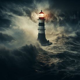Zwart-wit vuurtoren bij nacht, vuurtoren in de mist van een Noordzeestorm van Animaflora PicsStock