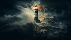 Schwarz weißer Leuchtturm bei Nacht, Leuchtturm im Nebel eines Nordseesturms