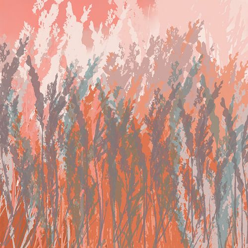 Gras in lichtgrijs, oranje, roze en wit. Moderne botanische kunst.