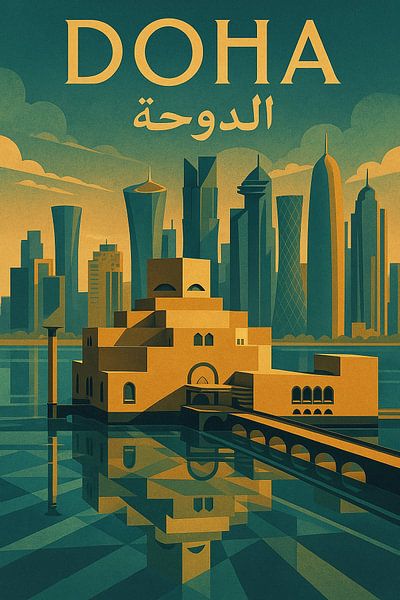 Doha Vintage Travel Poster – Museum of Islamic Art &amp; Skyline by Travel Shop