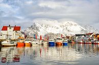 Fishing boats in Henningsvaer in winter in the Lofoten in Norway by Sjoerd van der Wal thumbnail