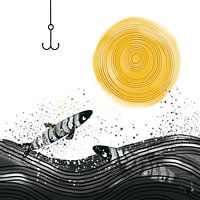 The Jumping Fish - black and white illustration
