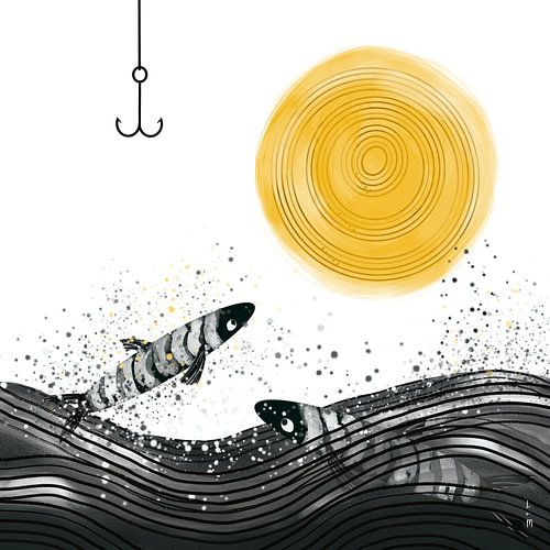 De springende vis - zwartwit illustratie