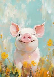 Schwein im Garten | Sommergarten mit fröhlichem Schwein von Blickfänger Gemälde