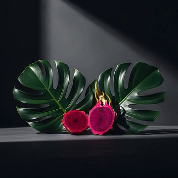 Sculptural Shadows Dragon Fruit and Monstera Leaf Stillness