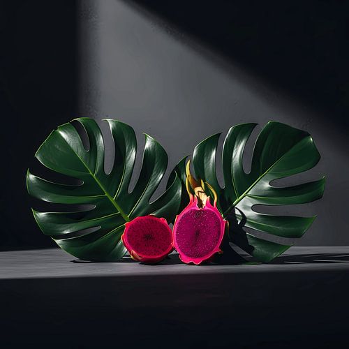 Ombres sculpturales Fruits du dragon et feuilles de monstera Immobilité