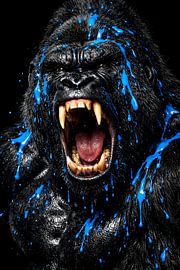 Dark Black Roaring Gorilla Blue Paint Splatter by Faheem Beigh