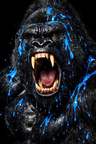 Tiefschwarz, brüllender Gorilla, blaue Farbspritzer
