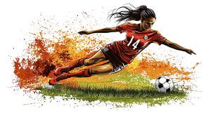Starke Fußballspielerin tritt energisch den Ball