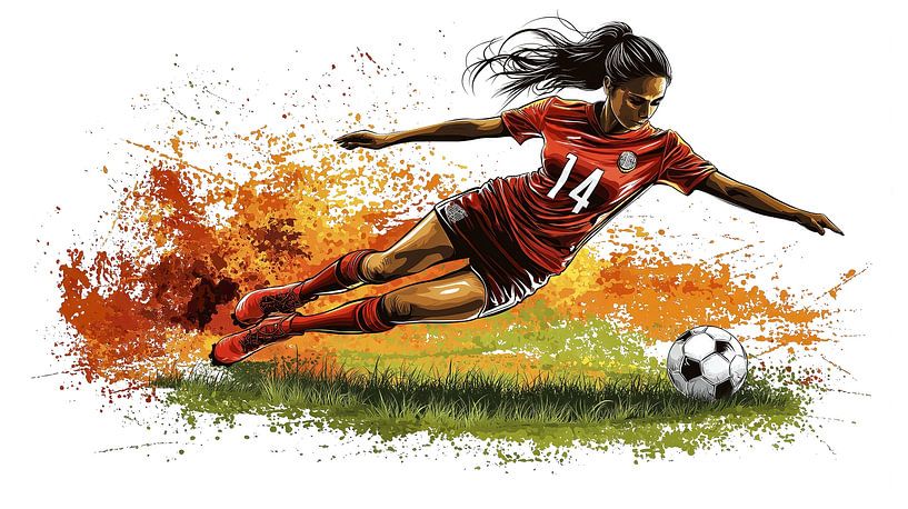 Starke Fußballspielerin tritt energisch den Ball von Frank Heinz