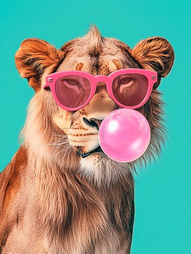 Lioness wearing pink glasses with a pink gum bell