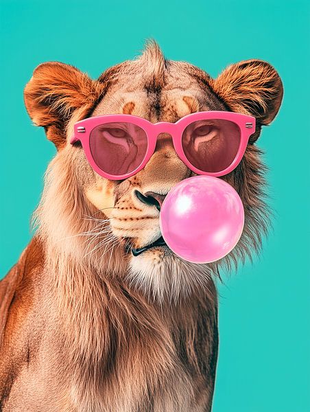 Lioness wearing pink glasses with a pink gum bell by Richards Fine Art