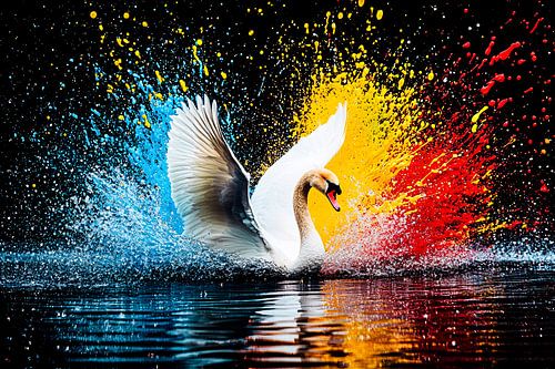 Elegante zwaan met kleurenexplosie