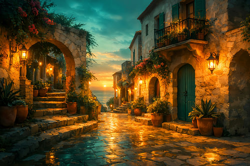 Romantische Gasse am Meer – Mediterrane Altstadt im Abendlicht
