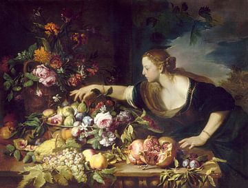 Frau nimmt Früchte aus einer Schale mit Blumen und Früchten, Abraham Brueghel