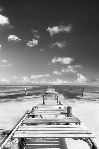 Steiger op een Caribisch strand in zwart-wit