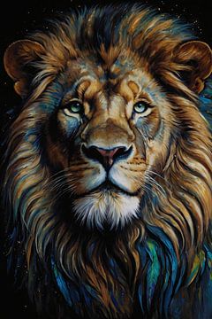 Blue-Eyed Lion Amidst Cosmic Stardust by De Muurdecoratie