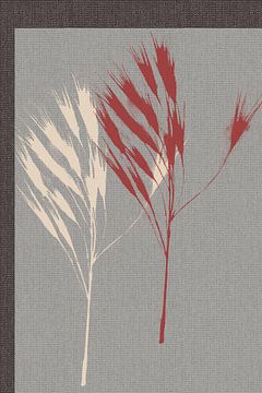 Retro abstract botanisch. Gras in rood en wit op grijs blauw. van Dina Dankers