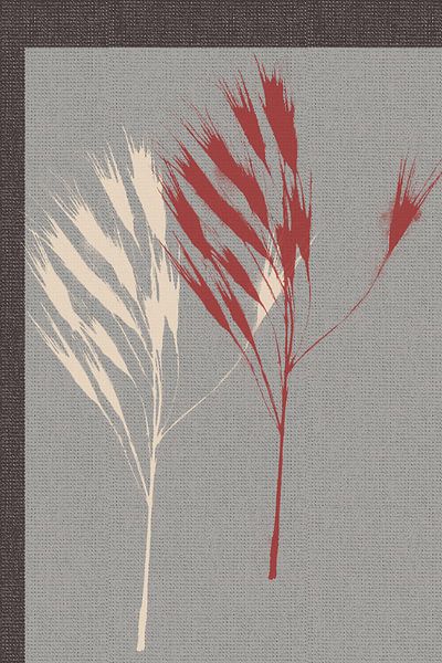 Retro abstract botanical. Grass in red and white on grey blue. by Dina Dankers