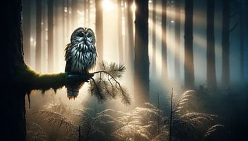 Uil betovert in het ochtendlicht van het bos van artefacti