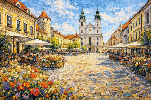 Győr in Hongarije, een impressionistisch schilderij.