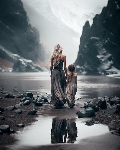 Moeder met kind in de kliffen