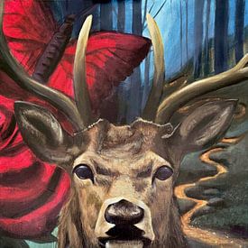 Acrylic painting Red Roses and Butterfly's, mystical deer by TrishaVDesigns