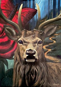 Peinture acrylique Roses rouges et papillons, cerf mystique