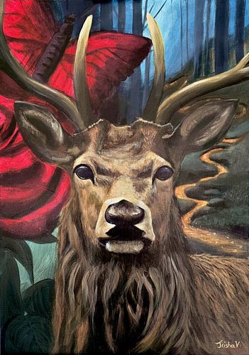 Acrylic painting Red Roses and Butterfly's, mystical deer by TrishaVDesigns
