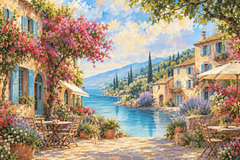 Sonniges Küstendorf im mediterranen Stil direkt am Wasser im impressionistischen Stil von STUDIO ARTSY