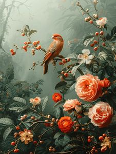 Besonders schöne Landschaft mit einem orangefarbenen Vogel und Blumen