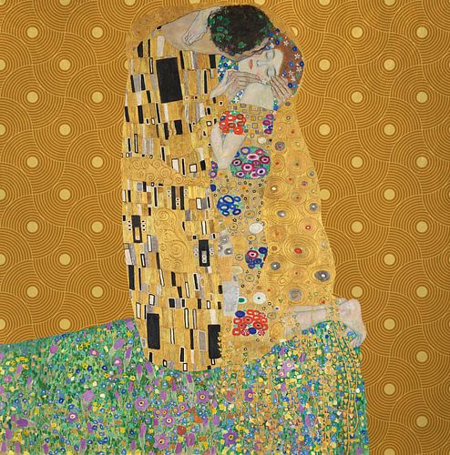 Geïnspireerd door de Kus van Gustav Klimt, in goud met geometrisch patroon.