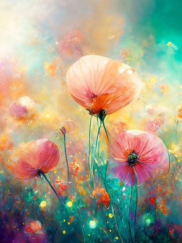 Romantisch  bloemenveld met zijdeachtige klaprozen