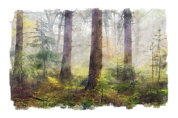 Watercolour of misty autumn forest