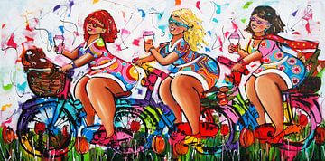 Dicke Damen auf dem Fahrrad von Vrolijk Schilderij