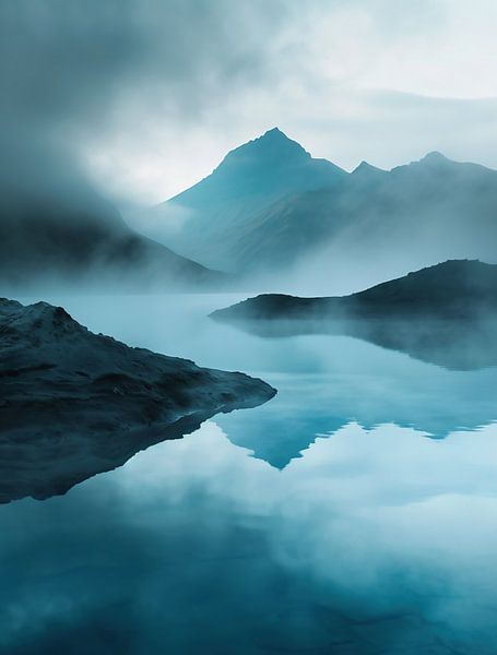 Mystieke sfeer aan de oever van het bergmeer van fernlichtsicht